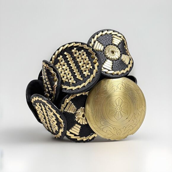 Large Circular Gold‎ Tone Buckle Black Belt Woven Boho Art Statement 30-34 - Picture 1 of 16